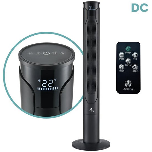 AirKing Ventilateur de tour 117cm extra silencieux Moteur DC 12 modes avec télécommande - Ventilateur Ecran LED dimmable Noir AKTN117BK-DC