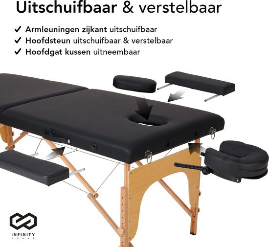 Table de massage Infinity Goods - pliante - capacité 250KG - 8 supports de hauteur - sac de rangement inclus - table de traitement - noire
