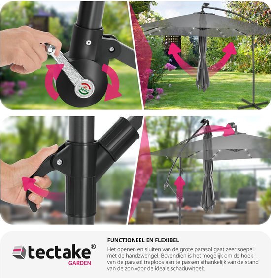 tectake® Parasol rectangulaire - Avec éclairage solaire LED - Housse de protection incluse - Parasol flottant - Protection solaire terrasse, jardin - Parasol de balcon - Grand parasol - 250x300cm - Gris