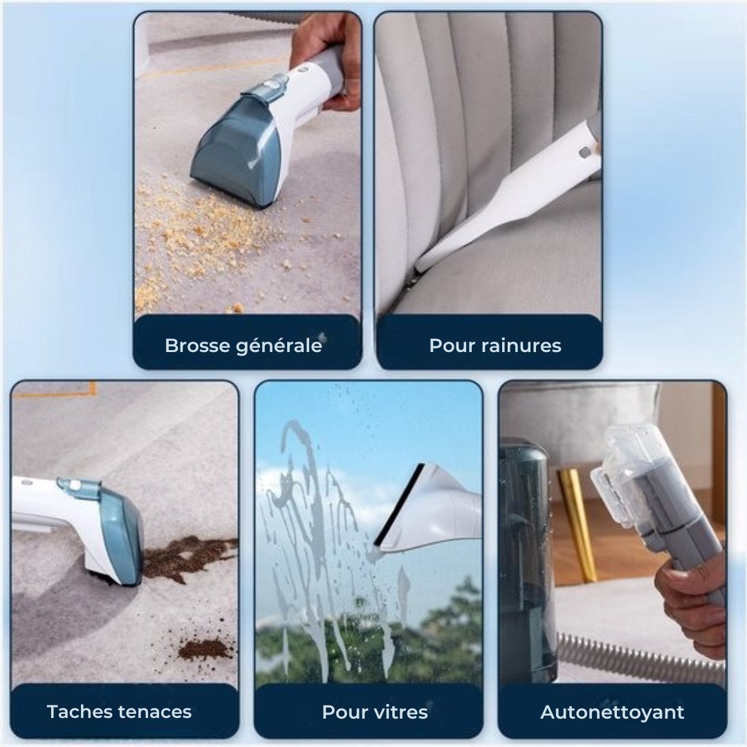 Nettoyeur de tapis avec 5 accessoires Saaf- Puissant 450W- Nettoyeur de banc portable - Pour tapis, meubles, voiture, fenêtres - Câble de 5M - Blanc