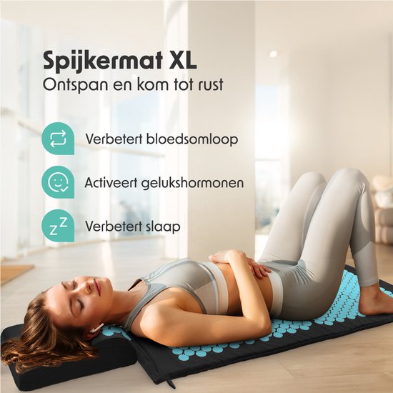 LifeGoods Tapis d'acupression XL - avec coussin - Tapis Shakti - Tapis pour les ongles avec 2 balles pour les points de déclenchement - 128x48x2cm - Noir/Turquoise