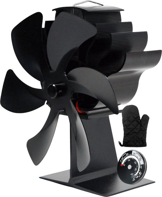 Vulpes Goods® Tech - Ventilateur de poêle à bois - Ventilateur de cheminée - Ecofan - Ventilateur de chaleur - 6 pales - Thermomètre, chiffon et gant inclus - version PRO