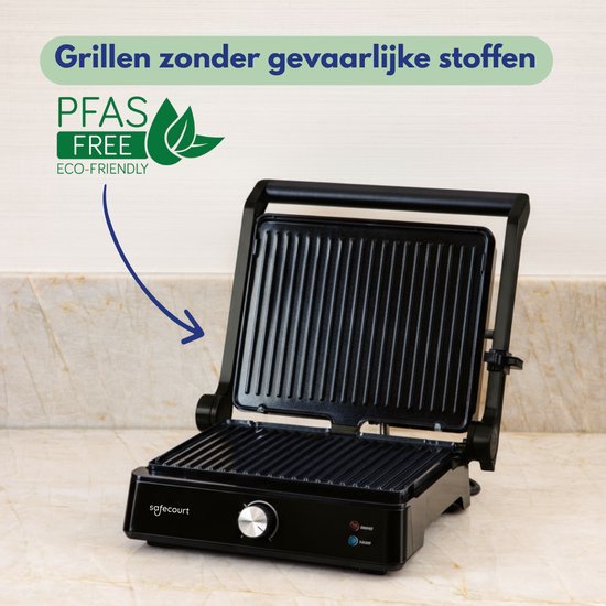 Safecourt Kitchen - Grille à panini et fer à sandwich grillé - Plaques amovibles sans PFAS et lavables au lave-vaisselle - Grande surface de gril - Chaleur rapide - Gril à contact - Noir