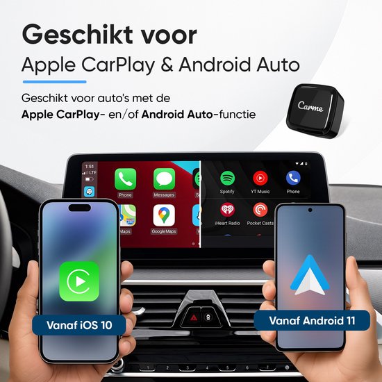 CarMe Ultra Mini 2-in-1 CarPlay Dongle - Wireless CarPlay & Android Auto - USB-A & USB-C - Android Auto Dongle - Noir