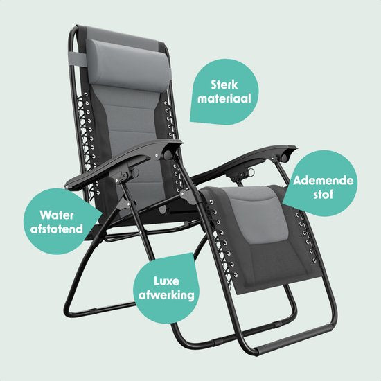 LifeGoods Chaises longues confort - pliable - 30°-90° réglable - support pour gobelets et téléphone - chaises de jardin - noir/gris