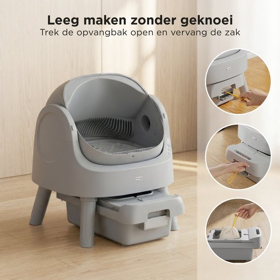 TrevoPet® Bac à litière automatique - autonettoyant et sûr - pour chats jusqu'à 12 kg - tapis, 60 sacs à déchets et accessoires inclus - bac à déchets de 10 litres - gris