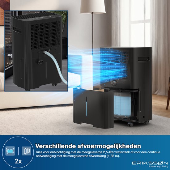 Déshumidificateur Dry Pro Plus d'Erikssøn - Déshumidifie jusqu'à 20 litres par jour - Fonction Lavage-Séchage - Convient pour la maison, la chambre, la salle de bain, le salon et le sous-sol - Déshumidificateur - Noir
