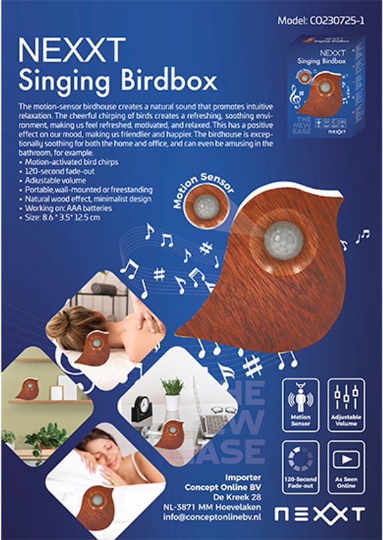 Nexxt Oiseau sonore avec détecteur pour toilettes - Volume réglable - WC - Détecteur de mouvement - 10,2 x 3,5 x 8,6 cm - 90 g - Boîte - Boîte à oiseaux - Marron foncé