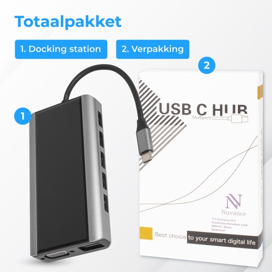 Nuvance - 13 in 1 Docking Station Laptop - USB C Hub - USB Splitter - USB Hub 3.0 - HDMI, VGA, Network, AUX et TF/SD - Docking station
