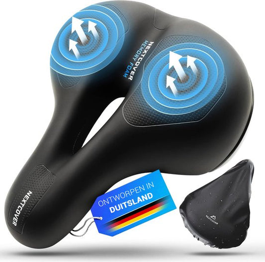 NEXTCOVER® Nouvelle selle de vélo homme et selle de vélo femme avec découpe [Airflow] pour un confort maximal - Selle de vélo ergonomique en mousse à mémoire de forme avec circulation d'air optimale - Housse de selle imperméable incluse