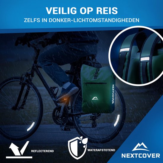 NEXTCOVER® NEW 3-in-1 bike bag for carrier [Aquashield] - Reflective luggage bag bag waterproof - backpack and shoulder bag [25 litres]- Vegetable