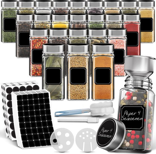 Soothe 24 pots à épices carrés en verre avec couvercle en acier inoxydable - 2 types de couvercles à saupoudrer - Spice Spreader - pots à épices - Set complet avec stickers à épices, stick à craie et accessoires - 120ml