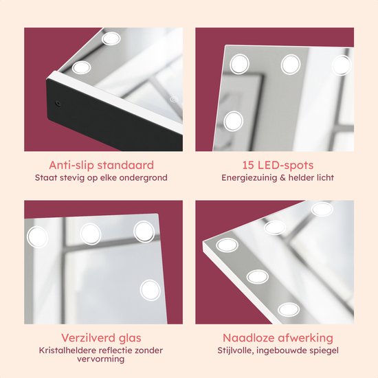 Fraay® Hollywood Mirror with Lighting 60x50cm - 3 Light modes - Make-up Mirror with 10x Magnification Mirror - LED Dots Lighting Dimmable - Incl. 2 Beauty Blenders and Powder puff
