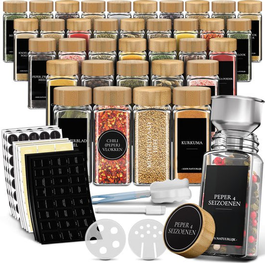 Soothe 36 pots à épices carrés en verre avec couvercle en bambou - 2 types de couvercles à saupoudrer - Spice Spreader - pots à épices - Set complet avec stickers à épices, stick à craie et accessoires - 120ml