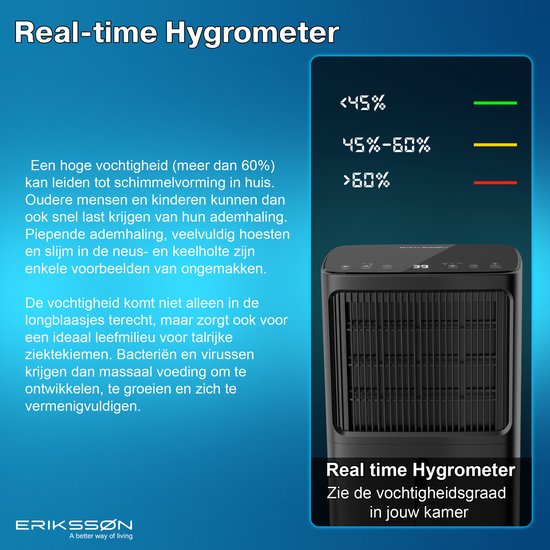 Déshumidificateur - Erikssøn - Déshumidifie jusqu'à 16 litres par jour - Fonction Séchage - Noir