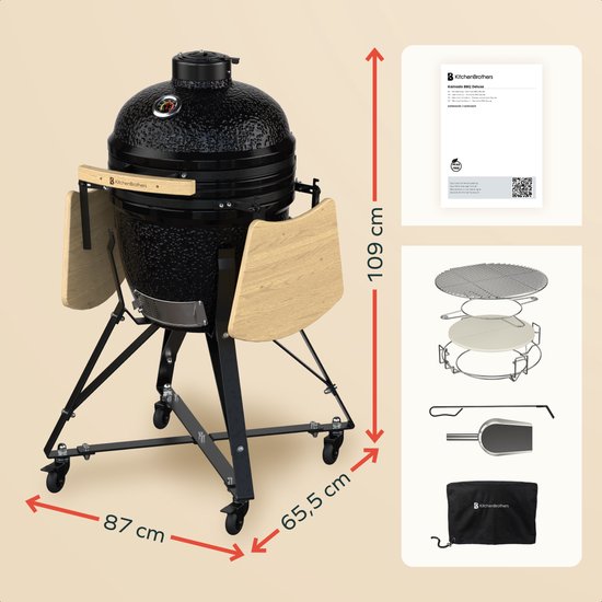 KitchenBrothers Kamado BBQ - 18 Inch Charcoal Barbecue - 38.5⌀ cm - Set complet - Egg BBQ avec accessoires incluant le couvercle - Noir
