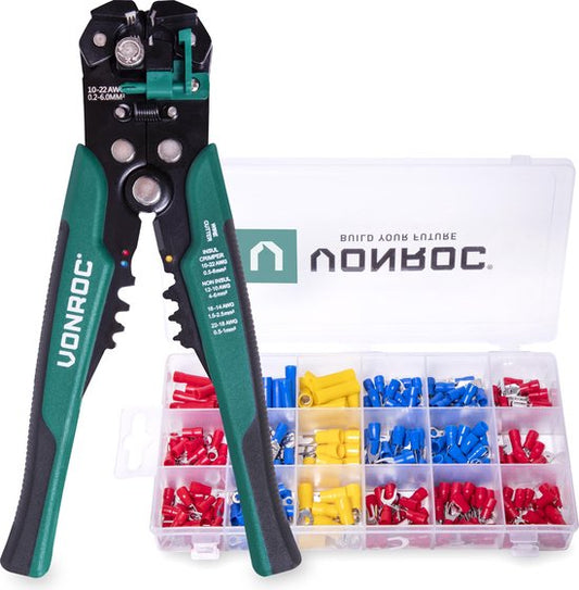 VONROC Pince à dénuder automatique professionnelle - Pince à sertir et à isoler - Avec jeu d'accessoires de 270 pièces