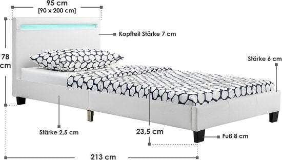 Lit rembourré Verona - 90 x 200 cm - blanc - éclairage LED