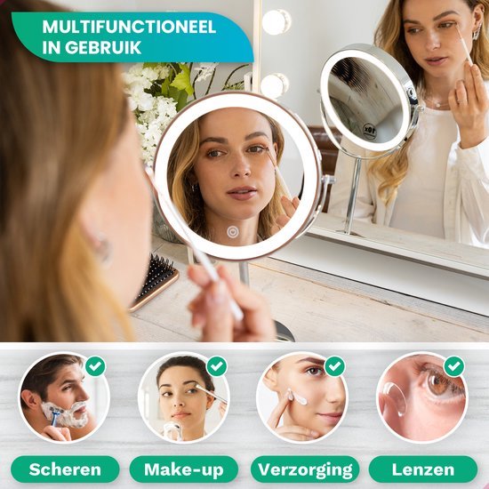 Mirlux Miroir de maquillage avec éclairage LED - lumière grossissante 10x - miroir de rasage petit sur pied - 3 niveaux d'éclairage - rechargeable - miroir grossissant chromé