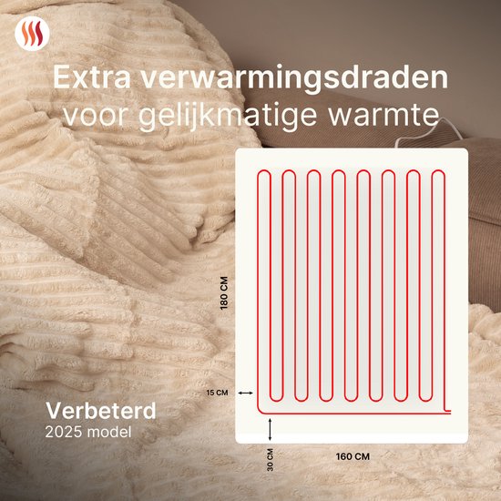 Seranova Couverture électrique XXL - Fils chauffants supplémentaires - Modèle rayé - 180x160 cm - Couverture chauffante pour 2 personnes - Polaire double face - Beige