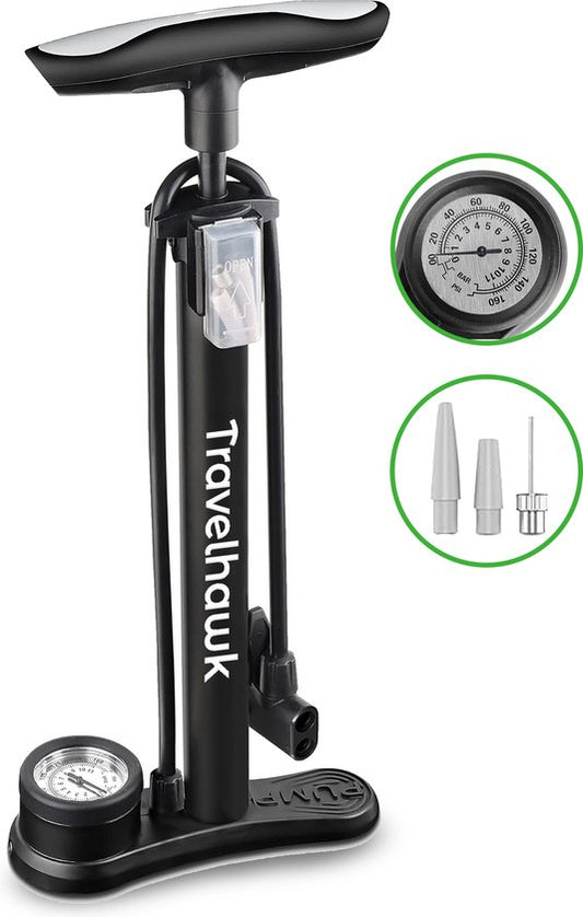 Pompe à vélo Travelhawk - Tête à double valve - Pompe à bille - Avec manomètre - Pratique sur la route ou en voyage - Sac de transport inclus - Noir