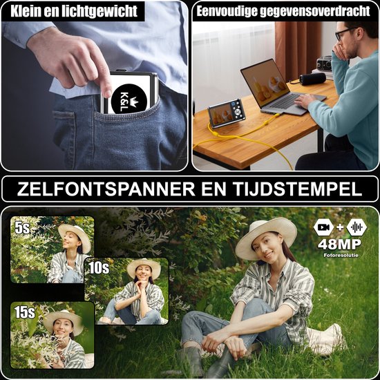 K&L Digital Camera 4K - Appareil photo - Caméra photo - Caméra compacte - Caméra Vlog - Pour les enfants - 64GB inclus - NL Software