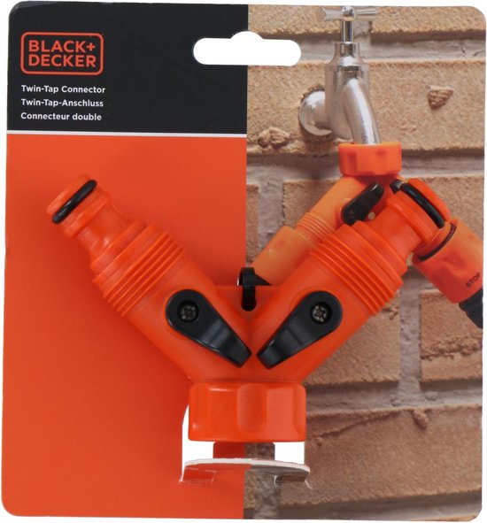 BLACK+DECKER Double Tap Fitting Garden Hose - Raccord pour tuyau d'arrosage - Raccords de robinet 3/4" - Butée d'eau intégrée - Régulation du débit d'eau - Plastique - Orange/Noir