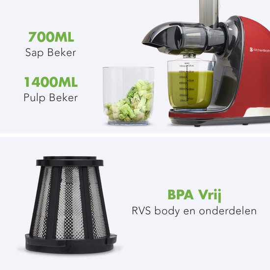KitchenBrothers Slowjuicer - Extracteur de jus - Presse légumes et fruits - 700ml - Avec récipient à pulpe - Extracteur de jus - Cadeau de fête des mères - Rouge
