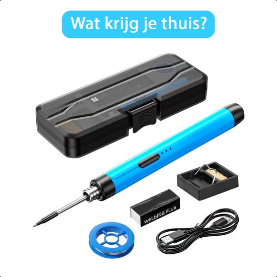 Tech Essentials Fer à souder sans fil - 8W - USB-C - Avec étain - Kit - Soudure fine - Stylo - Batterie - Set de soudure - Souder - Outil électrique - Bleu