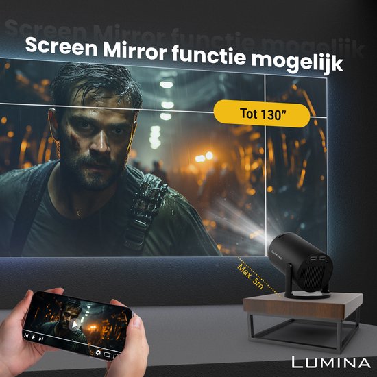 Lumina® Pro Mini Beamer 2026 - Projecteur intelligent Android 14 avec Google Playstore - Home cinéma - Pour iOS & Android - WiFi 6 & Bluetooth 5.4 - Noir