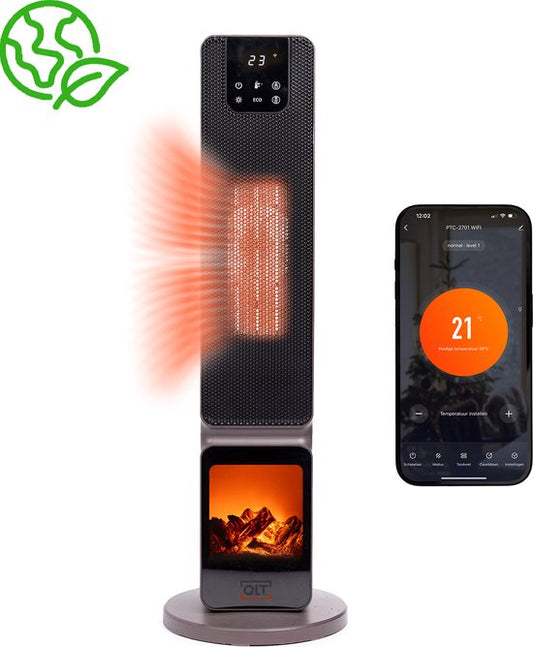 QLT Ceramic Heater with Atmosphere Fireplace - Chauffage électrique avec Wifi + App Control - Chauffage soufflant avec Swing et mode ECO - 2000W - Noir