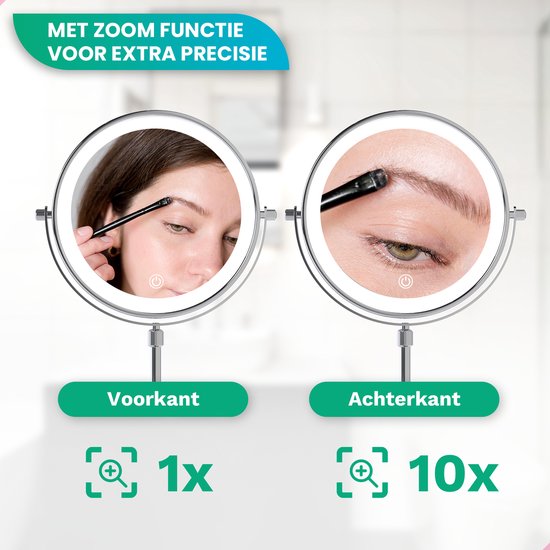 Mirlux Miroir de maquillage de luxe avec lumière LED - grossissement 10x - réglable et rechargeable - 3 niveaux de lumière - chrome - Miroir de maquillage - Miroir avec lumière LED