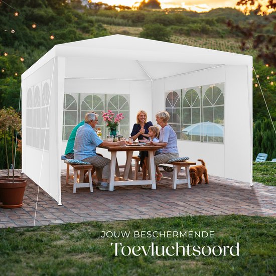 tectake® Pavillon - avec armature renforcée - Tente de réception 3x3 m - Bâche imperméable - Panneaux latéraux amovibles - Pavillon de jardin résistant aux intempéries - Lignes de tension et piquets inclus - Blanc - Tente pliante pop-up