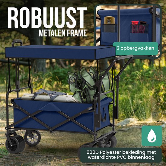 Avalo Bolderkar Avec Toit XL Pliable - Capacité de charge jusqu'à 110KG - 120L - 97x60x105 CM - Roues 360º - Bolderwagen / Bolderwagen / Chariot de plage / Chariot de randonnée / Bolderkar pliable - Pour la plage - Bleu