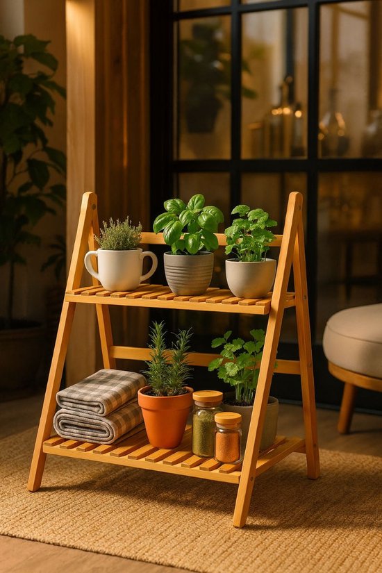 Ceruzo Support pour plantes en bambou - Support pour plantes à 2 étages - 50x28x54 cm - Support pour plantes aromatiques - Naturel