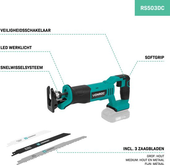 VONROC Accu Recipro saw 20V - Incl. 3 lames de scie - Excl. batterie et chargeur rapide