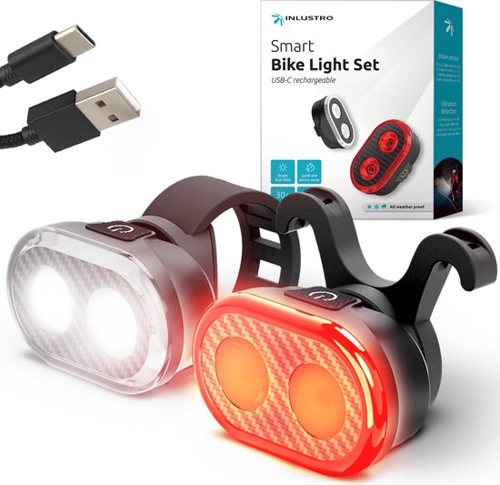 Inlustro Smart Bicycle Light Set - Feu arrière avec capteur de freinage / montage sur la selle - Feux de vélo LED rouge et blanc - Feu avant de vélo - rechargeable par USB / étanche