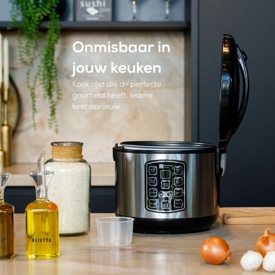 KitchenLove Rice Cooker with Steamer 1.8L - Cuiseur de riz - Fonction de réchauffage - 3 à 8 personnes - Acier inoxydable noir