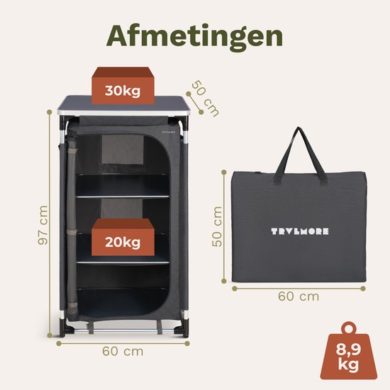TRVLMORE Camping Cabinet XL - Cuisine de camping - Capacité de charge 90KG - Structure en aluminium - Pliable - Sac de transport inclus - 50x60x97CM - Gris