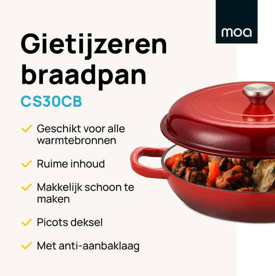 MOA Casserole en fonte - 3,5L - Pour toutes les sources de chaleur y compris l'induction - Avec couvercle - Ø 30cm - Revêtement antiadhésif - Rouge