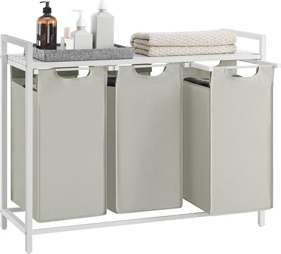 VASAGLE - Panier à linge, panier à linge sale, avec 3 compartiments et 3 poches amovibles en tissu Oxford, plan de travail, cadre métallique - 3 x 38 litres, 92,5 x 33 x 72 cm, blanc BLH301W01