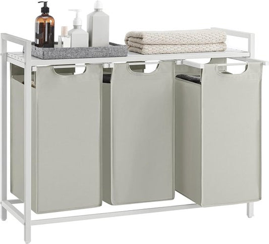 VASAGLE - Panier à linge, panier à linge sale, avec 3 compartiments et 3 poches amovibles en tissu Oxford, plan de travail, cadre métallique - 3 x 38 litres, 92,5 x 33 x 72 cm, blanc BLH301W01