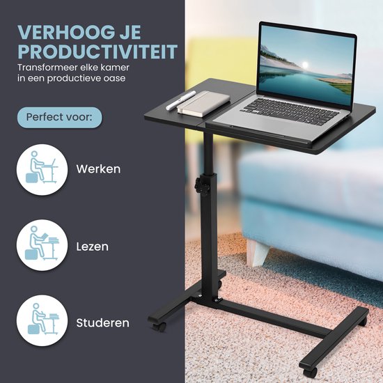 TTD® Premium Side Table on Wheels with Brake - Laptop Table Adjustable - Ergonomic Bed Table on Wheels - 23 kg Carrying Capacity - Laptop Stand - Adjustable Angle and Height - Black - Right
