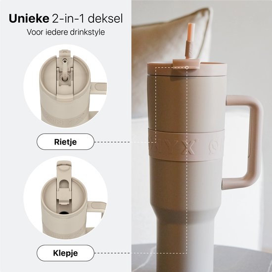 ONYX Bouteille à boire avec paille 1 litre - Bouteille d'eau pour enfants et adultes - Tasse thermos en acier inoxydable - Buvette de motivation - Tasse à boire pour l'école - Beige sable