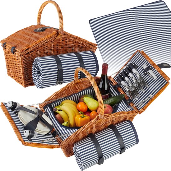 tectake® Set complet de paniers de pique-nique Vlieland - Set de luxe de 23 pièces pour 4 personnes - Panier de pique-nique en osier avec tapis de pique-nique - Comprend une glacière, des assiettes, des verres à vin en plastique et des couverts en acier i