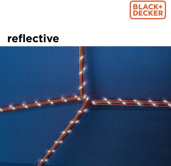 BLACK+DECKER Sangle d'arrimage avec Oproller 20 mètres - Incl. Sangle d'arrimage Oproller - Sangle d'arrimage - Corde de transport - Cordon élastique - avec parties réfléchissantes - Gestion du transport - Nylon/ Plastique - Orange/Noir