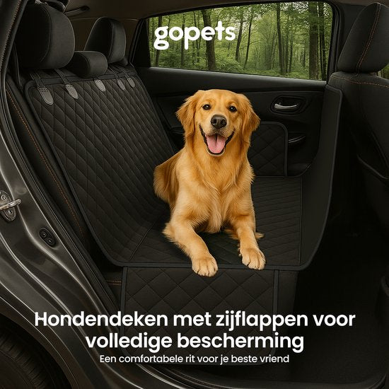 Gopets Dog Blanket Car Rear Seat - 137x147cm - Incl. Bag Holder, Storage Bag and Seatbelt Strap - Trunk Protection Cover - Black