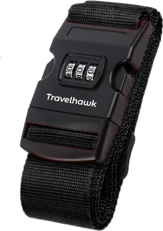 Travelhawk Courroie de bagage avec serrure à numéro - Courroie de bagage - Courroies de bagage - Ajustable - 180 centimètres - Sécurité supplémentaire - Voyage - Noir