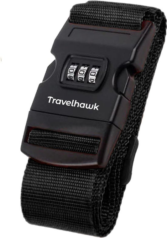 Travelhawk Courroie de bagage avec serrure à numéro - Courroie de bagage - Courroies de bagage - Ajustable - 180 centimètres - Sécurité supplémentaire - Voyage - Noir