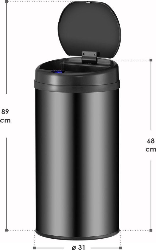 Juskys - Poubelle ronde à capteur - 40 l & Ø 31 x 68 cm - équipée d'un couvercle automatique et d'un anneau de serrage - pour une élimination hygiénique des déchets dans la cuisine - acier noir peint par poudrage